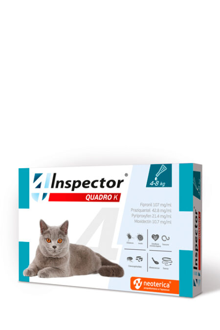 Пипети за накапване против вътрешни и външни паразити при котки  4-8кг INSPECTOR QUADRO K